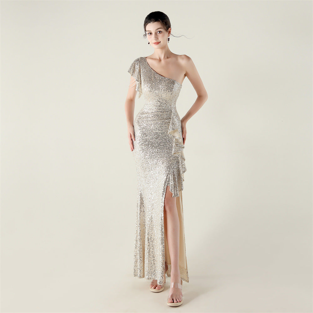 New single shoulder ruffle pendant bead chain handmade sequined evening dress, banquet party wedding