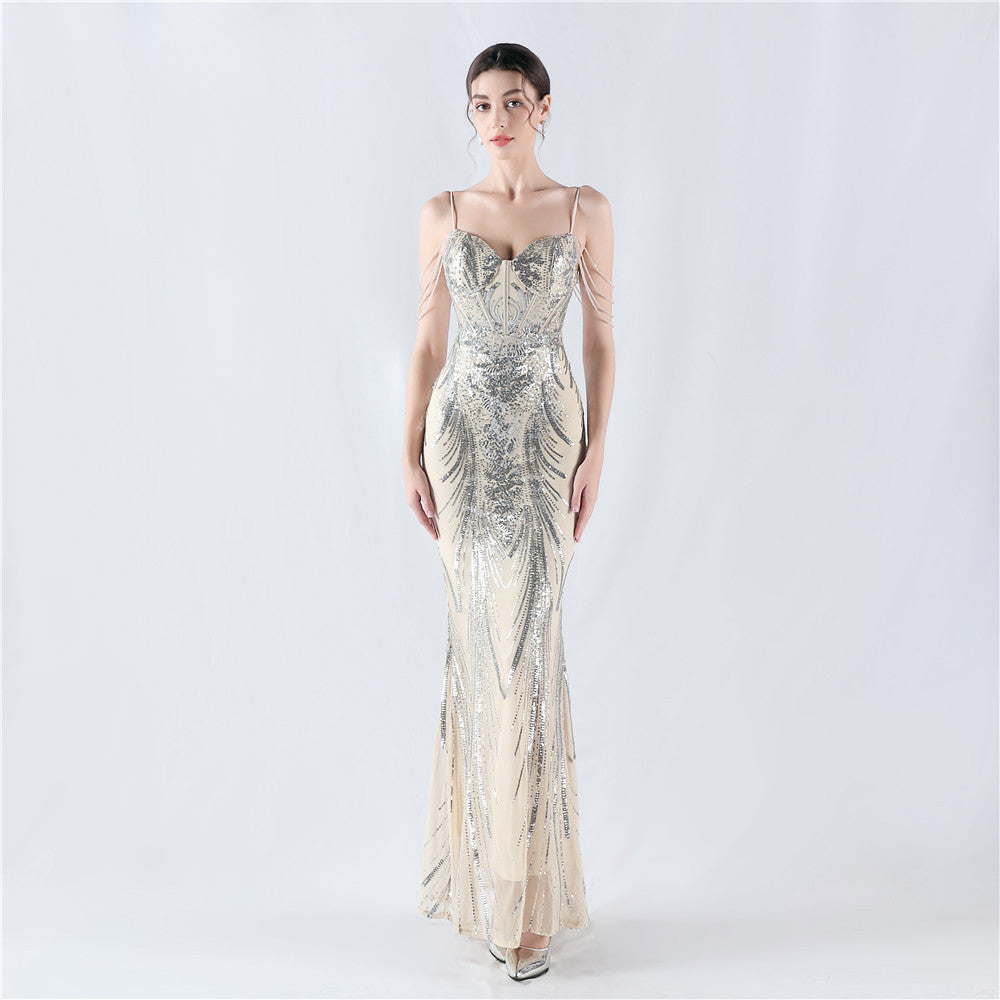 New waist fish bone shaping positioning flower beads live streaming host sexy bead suspender evening dress