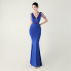 New deep V-neck high-density beads decorative slim-fitting evening dress banquet wedding performance