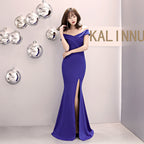Banquet evening dress new elegant long one-word shoulder fishtail host dress long dress