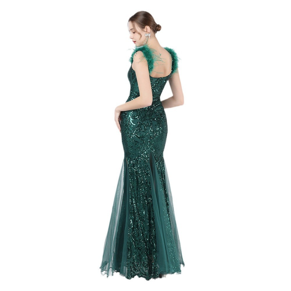 New craft ostrich hair mesh yarn beads high-end long dress skirt