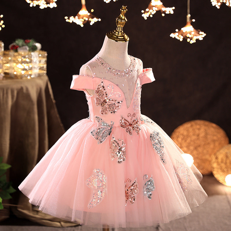 Baby Mädchen Kommunionkleid, rosa Pailletten, Schmetterlingsmuster, flauschiges Prinzessinnenkleid aus Mesh 
