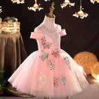 Baby Mädchen Kommunionkleid, rosa Pailletten, Schmetterlingsmuster, flauschiges Prinzessinnenkleid aus Mesh 