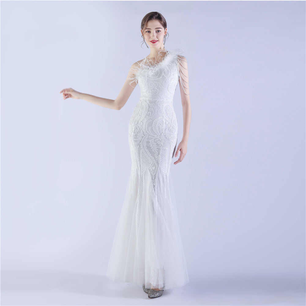 New craft beads and ostrich feathers high-end sequin evening dress