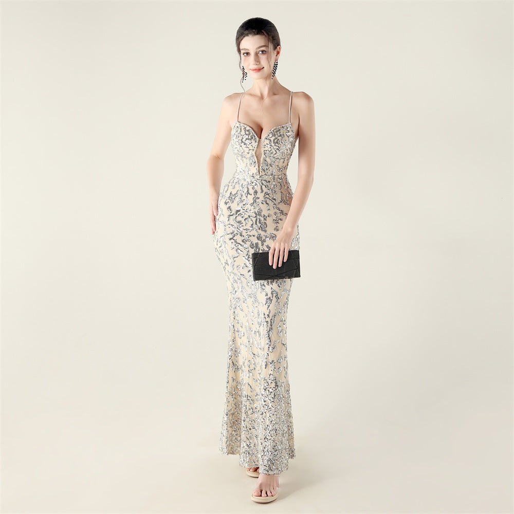 New Bead Embroidery Sequins Waist Strap Deep V Heart Suspender Evening Dress, Banquet Party