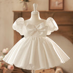 Sweet Baby Girls Pure White Bow Waist Princess Dress Toddler First Communion Dress