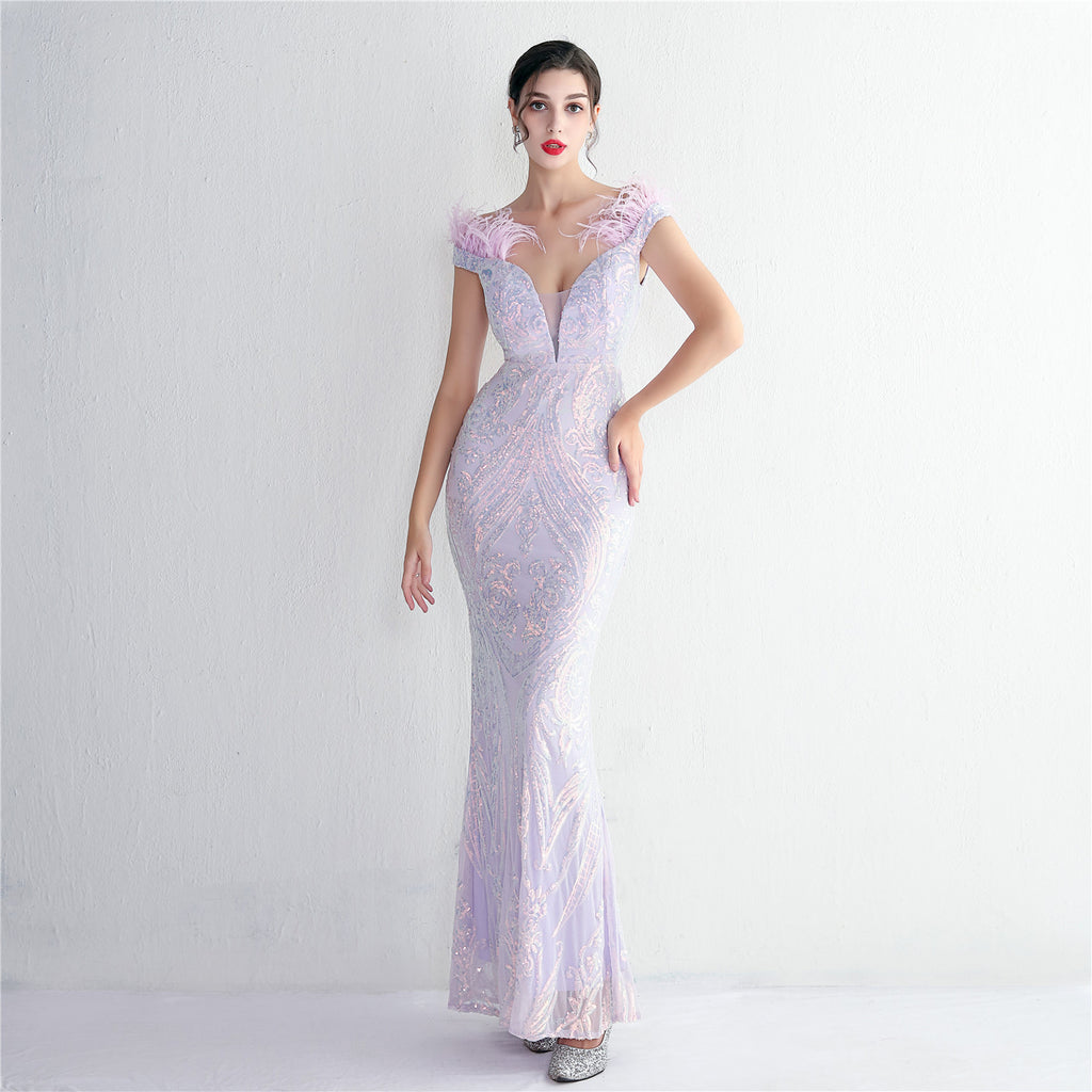High density three-dimensional strong bead positioning flower craft handmade hair banquet slim sexy evening dress