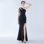 New craft beaded satin single shoulder diagonal collar long evening dress