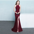 New fashionable long red fishtail neck wedding banquet evening dress