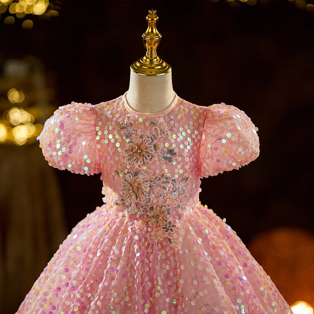 Vestido de primera comunión con lentejuelas rosas para niña, vestido de princesa para cumpleaños de niña pequeña 