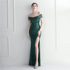 Classic explosive sequined version one-word neck split fork bridesmaid etiquette event celebration slimming and shaping long models