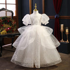 Kommunionskleid, elegantes weißes Paillettenkleid für Mädchen, festliches Prinzessinnenkleid 