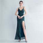 New high-density sequins bundled waist styling side split high-end evening dress