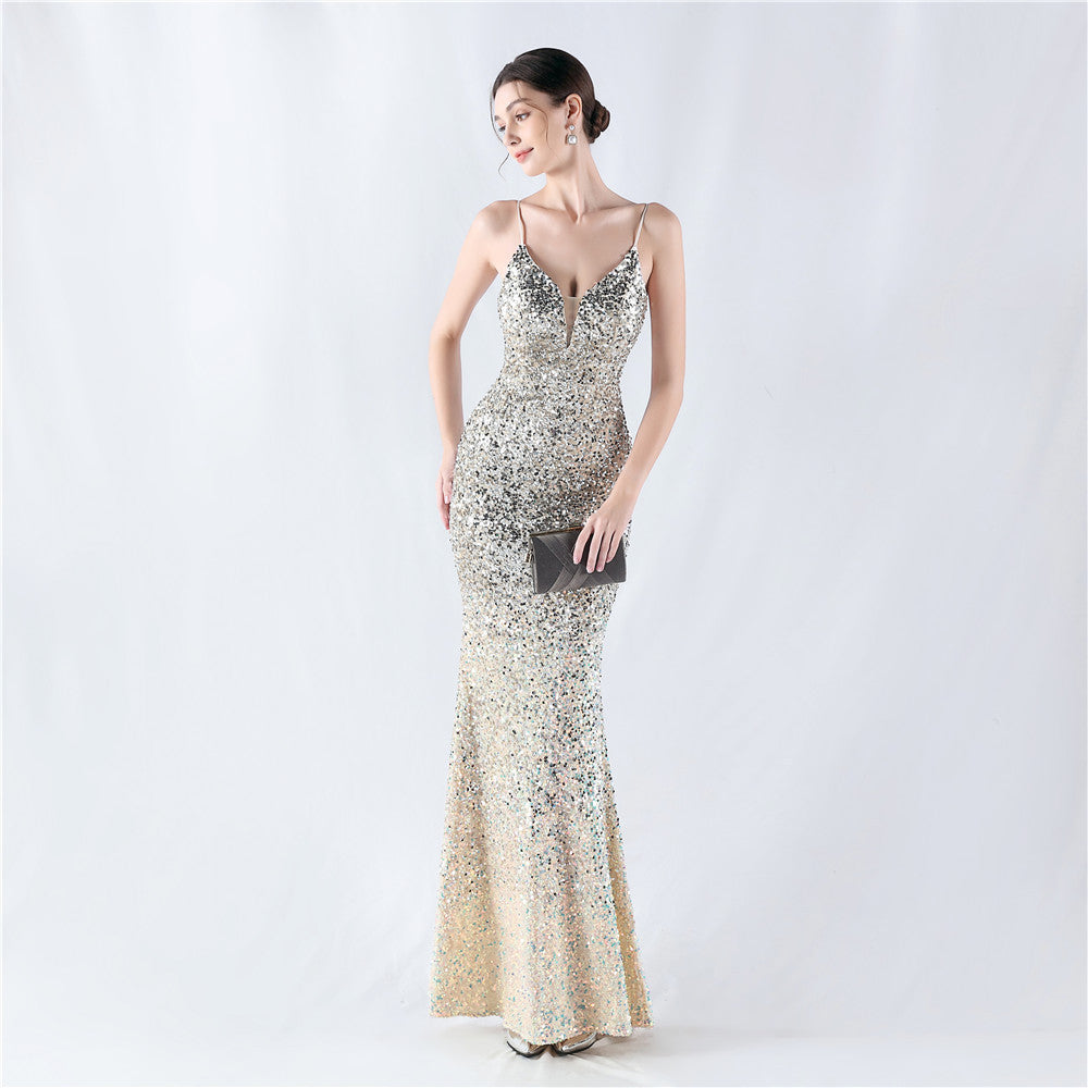 New fleece bottom gradual change bead sexy suspender evening dress