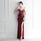 Fashion red carpet formal settings bead chain suspender long evening dress