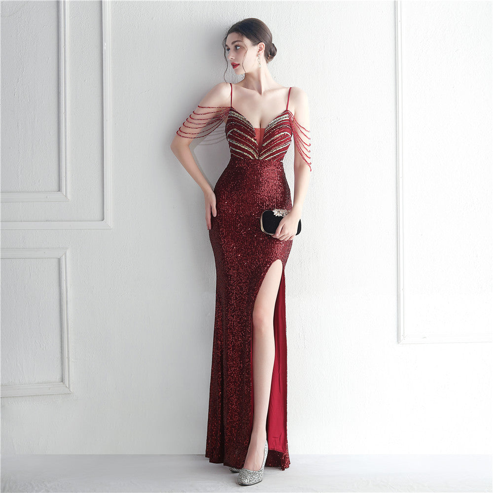 Fashion red carpet formal settings bead chain suspender long evening dress