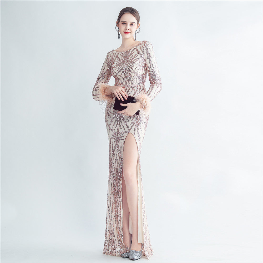 High-density ostrich hair beads long-sleeved fishtail high-end evening dress