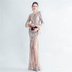 High-density ostrich hair beads long-sleeved fishtail high-end evening dress