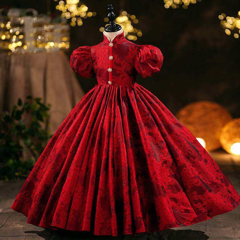 Mädchen Weihnachtskleid Mädchen Kommunionkleid Baby Mädchen Rot Festliches Kleid mit Puffärmeln und weitem Rock 