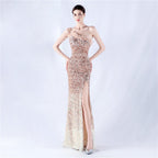New extended ostrich hair beaded sequined single shoulder diagonal neck high fork evening dress