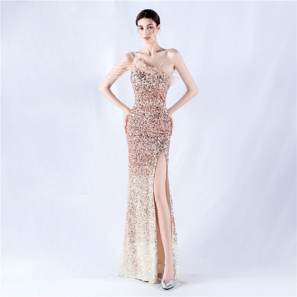New extended ostrich hair beaded sequined single shoulder diagonal neck high fork evening dress