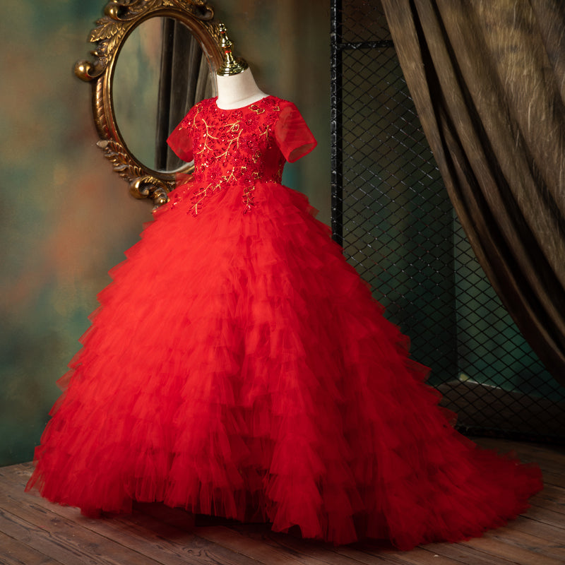 Vestido de Navidad para niña, vestido de comunión para niña pequeña, vestido rojo esponjoso de princesa con cola de cumpleaños, hermoso vestido de desfile 