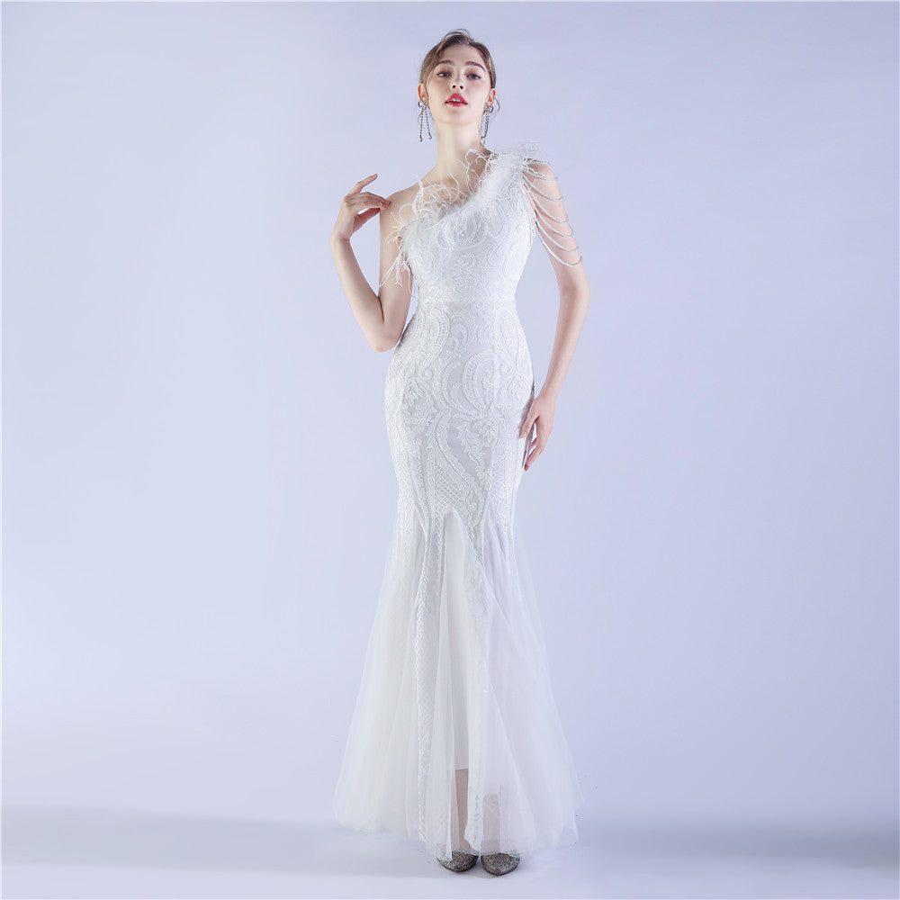 New craft beads and ostrich feathers high-end sequin evening dress