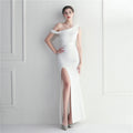 Ostrich hair decorative slanted shoulder collar split fork European and American sexy dress evening dress
