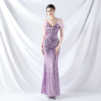 new dress craft order ostrich hair positioning flower bead piece evening dress