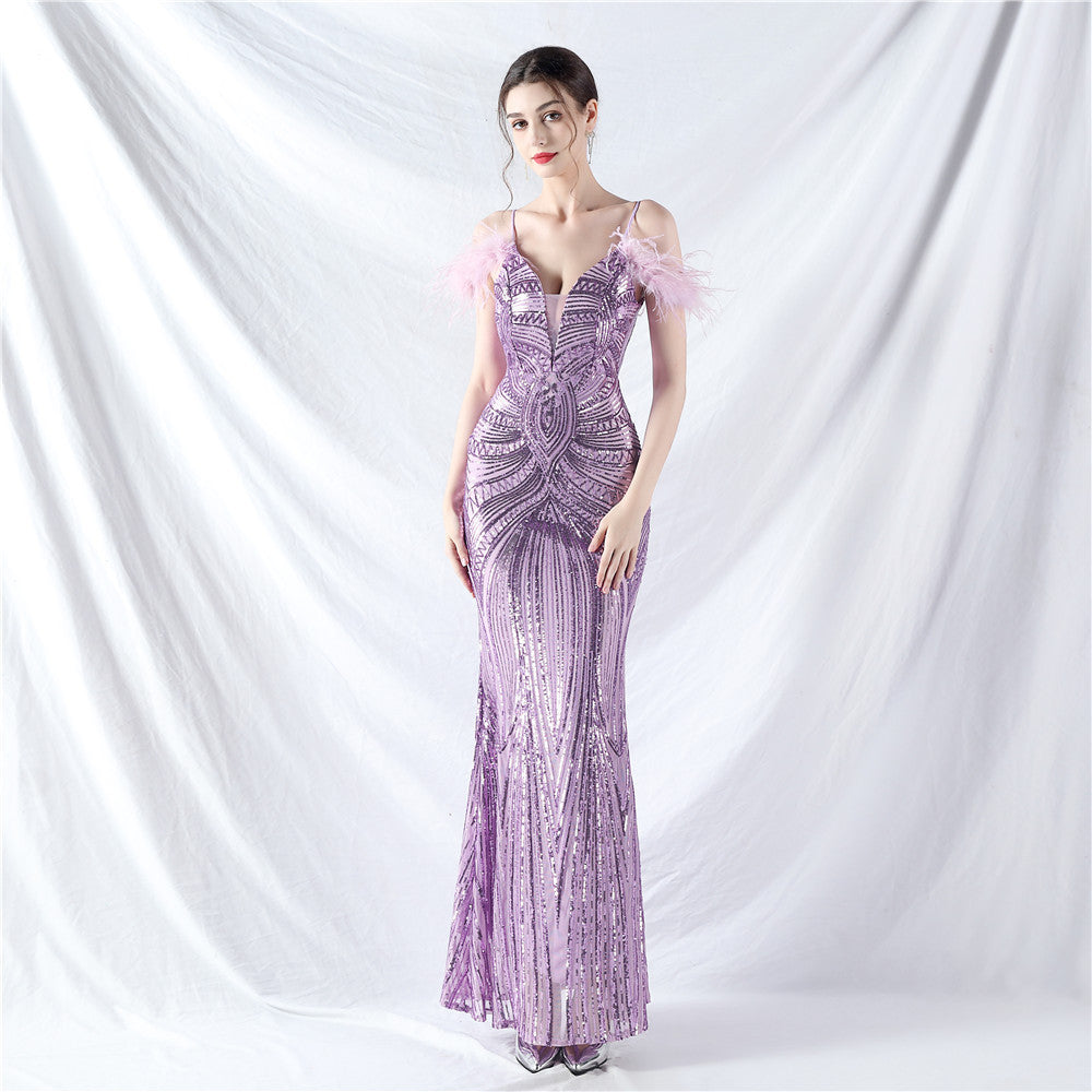 new dress craft order ostrich hair positioning flower bead piece evening dress