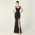 New cross-pleated hollow mesh deep V-neck evening dress slim banquet robe