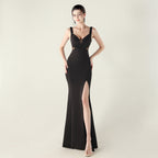 New cross-pleated hollow mesh deep V-neck evening dress slim banquet robe
