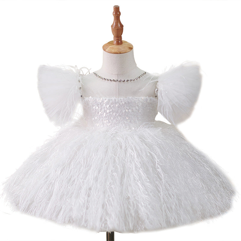 Festliches Federkleid für Mädchen, weiß, flauschig, für Abschlussball, Kommunion, Prinzessinnenkleid 