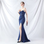 Heavy industry court fishbone vest waist high-end small vertical tail satin evening dress