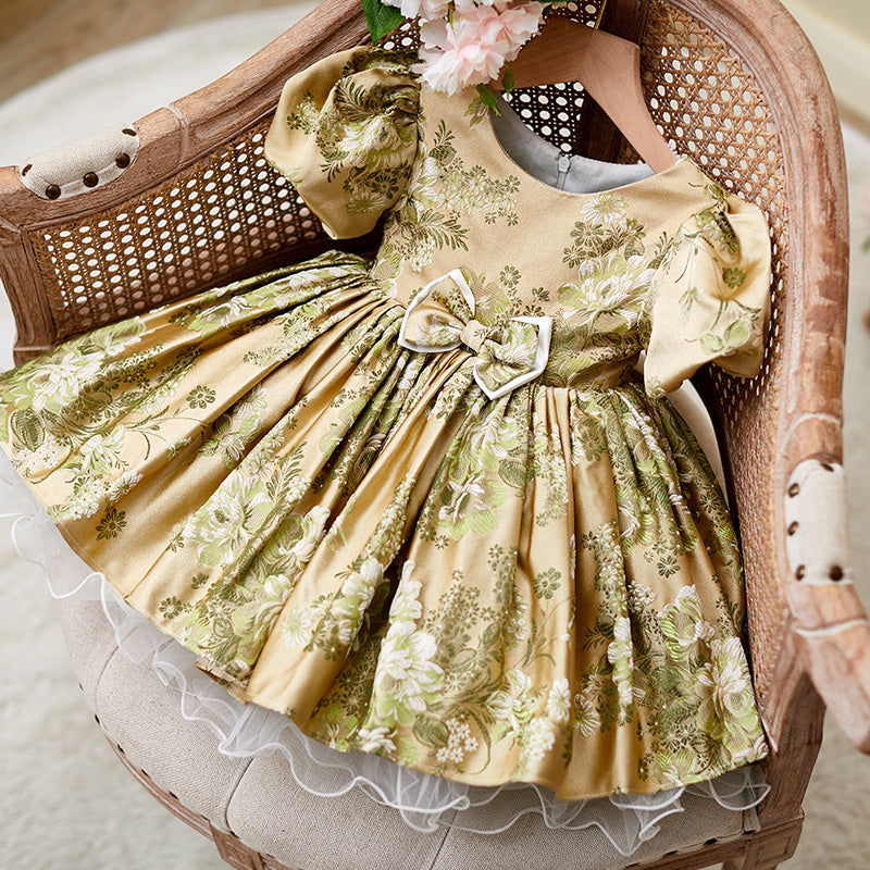 Kleinkind-Abendkleid, Mädchen-Kommunionskleid, Vintage-Rundhalsausschnitt, bedrucktes Prinzessinnenkleid 