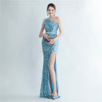 Heavy industry ostrich hair craft bead bundle hair slant shoulder side split high-end evening dress