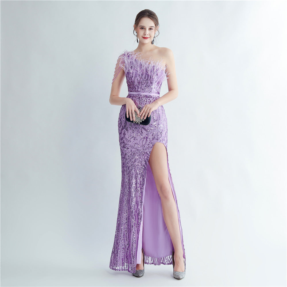Heavy industry ostrich hair craft bead bundle hair slant shoulder side split high-end evening dress