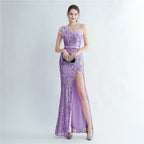Heavy industry ostrich hair craft bead bundle hair slant shoulder side split high-end evening dress