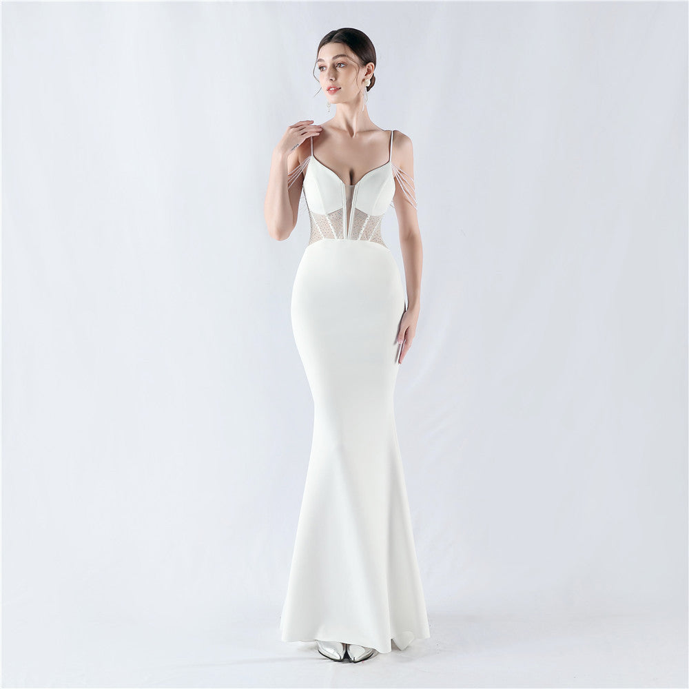 Evening dress waist fish bone beads hot diamond banquet performance host evening dress