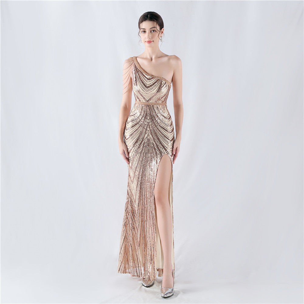 Dress positioning flower bead piece craft bead single shoulder oblique neck high fork evening dress