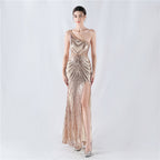 Dress positioning flower bead piece craft bead single shoulder oblique neck high fork evening dress