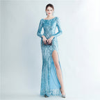 New sequined long-sleeved test split high-end evening dress