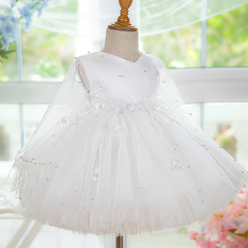 Elegante vestido de primera comunión de malla blanca para bebé, vestido de bautizo para niña pequeña 