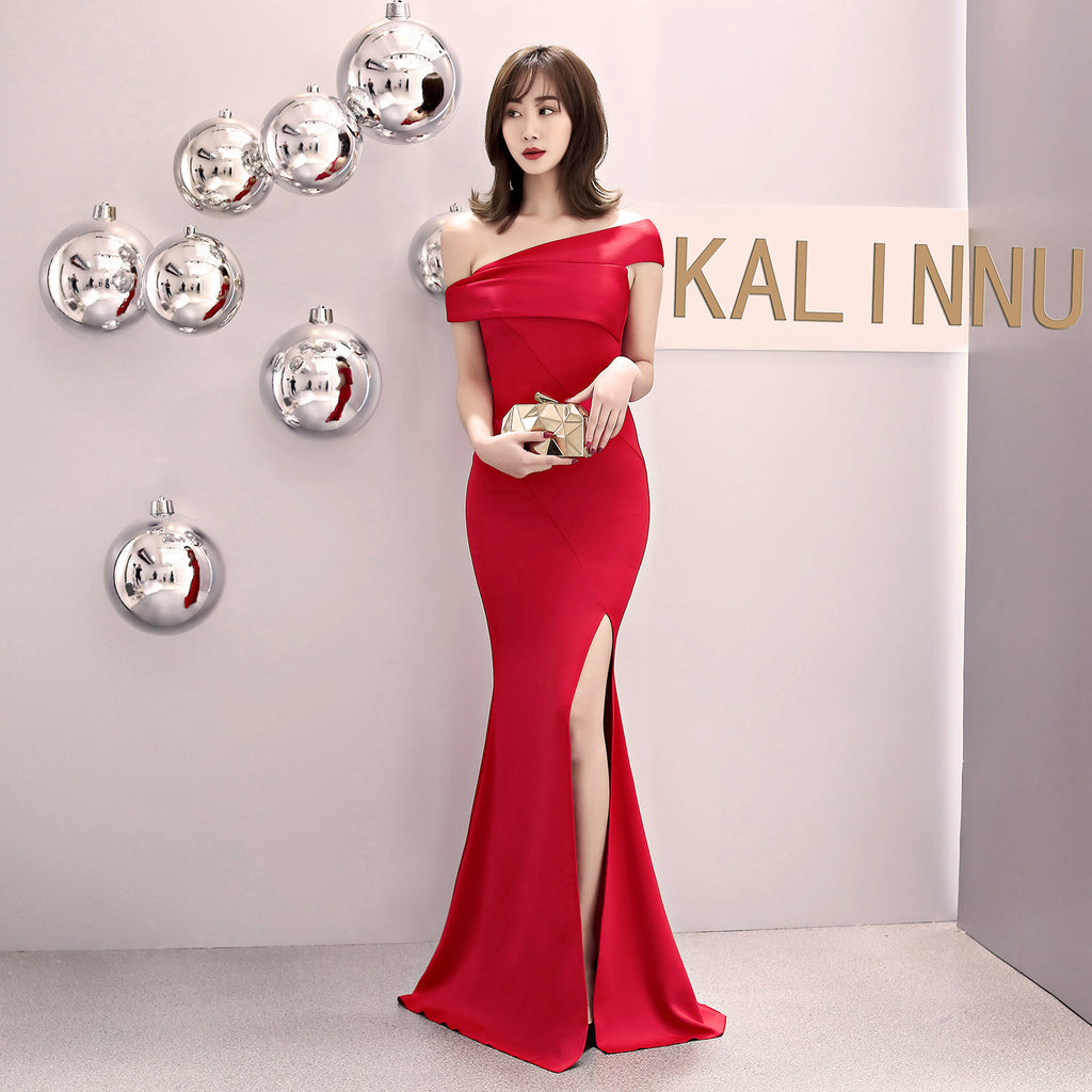 One-word shoulder banquet evening dress women's fashion party long elegant and thin sexy fishtail dress