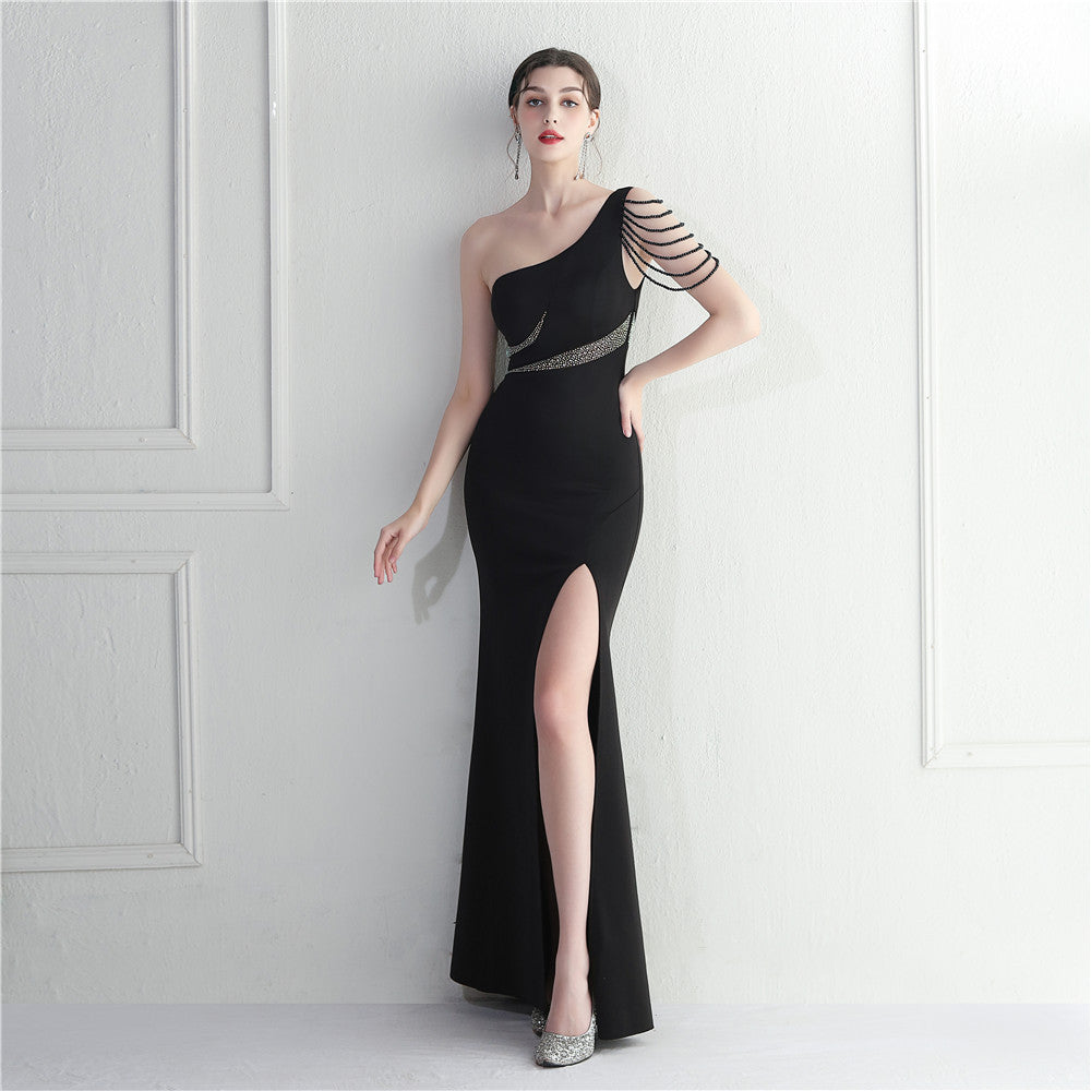 Hot Diamond Bead Craft Bridesmaid Hosting Party Sexy Shoulder Long Evening Dress