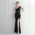 Hot Diamond Bead Craft Bridesmaid Hosting Party Sexy Shoulder Long Evening Dress