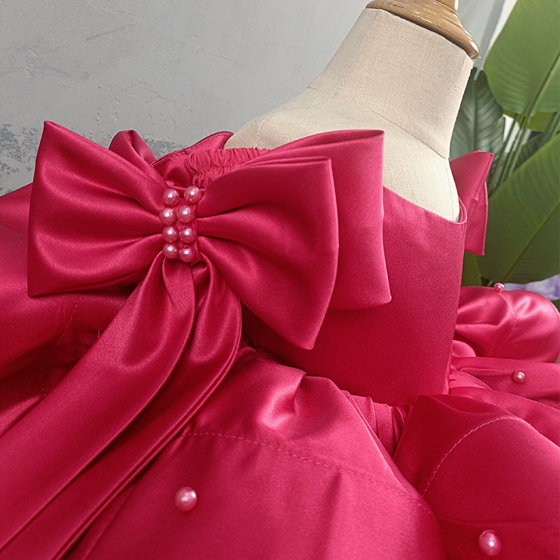 Elegantes rosarotes Kleid mit Schleifenärmeln für kleine Mädchen, Kommunionskleid für Kleinkinder, Prinzessinnenkleid 