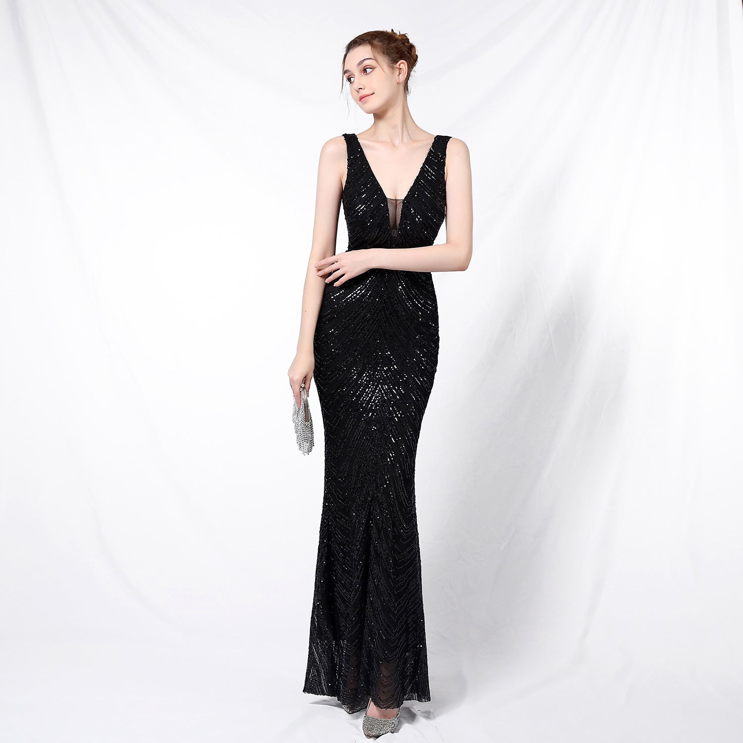 New sequined fishtail long dress performance event banquet car model etiquette evening dress