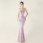 New Bead Embroidery Sequins Waist Strap Deep V Heart Suspender Evening Dress, Banquet Party