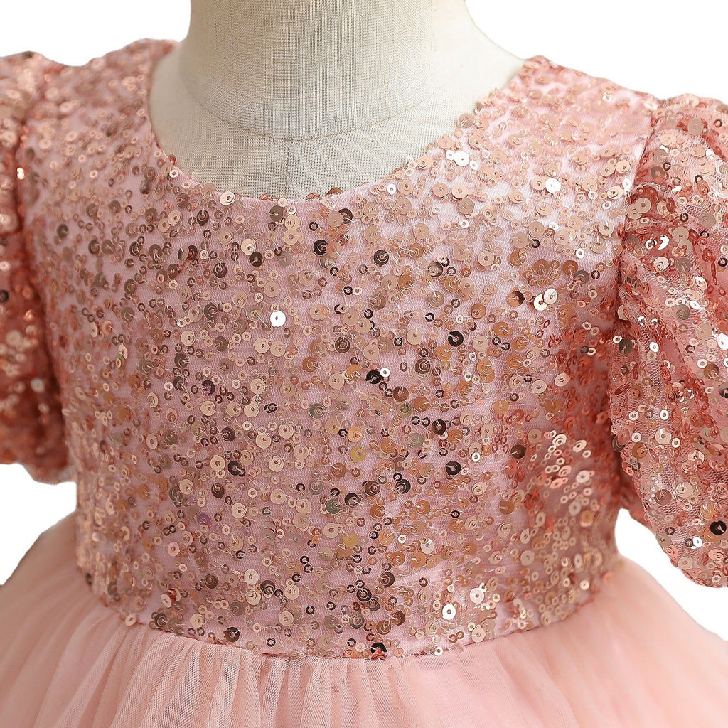 Vestido de primera comunión para niña, rosa, con lentejuelas y lazo, para fiesta de cumpleaños. 